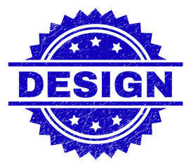 DESIGN stamp seal watermark with distress style. Blue vector rubber print of DESIGN title with grunge texture.