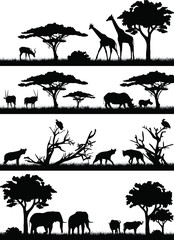 Silhouettes of african animals. savannah animals. Giraffe, hyena, elephant, bulls, vultures, antelopes. Silhouettes of African trees.