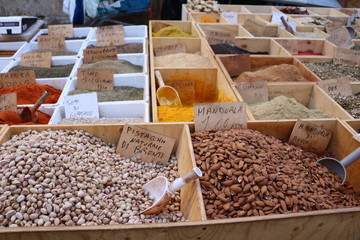 Almonds, pistachios and various spices in Ortigia Syracuse, Sicily Italy