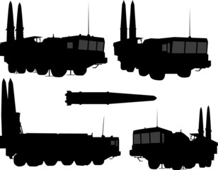 Obraz premium Anti-aircraft warfare silhouettes set. Iskander. silhouettes of air defense forces