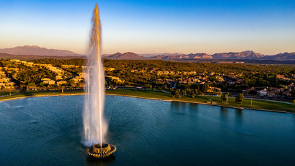Aerial, drone view of the historic fountain at Fountain Hills Park in Arizona