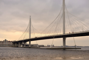 Fototapeta na wymiar Cable bridge across the Petrovsky fairway in Saint Petersburg.