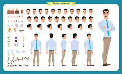 Front, side, back view animated character. Manager character creation set with various views, hairstyles, face emotions, poses and gestures. Cartoon style, flat vector illustration.People