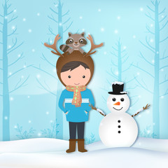 Paper art of Boy, raccoon and snowman Christmas illustration