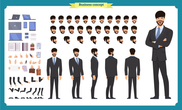 Front, side, back view animated character. Manager character creation set with various views, hairstyles, face emotions, poses and gestures. Cartoon style, flat vector illustration.People