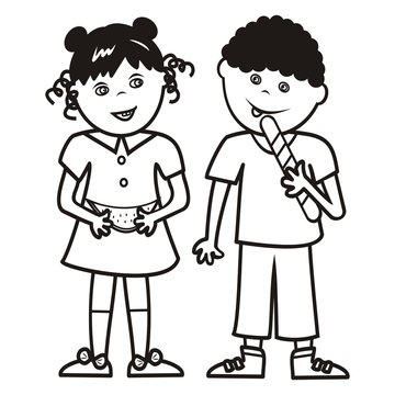 Girl and boy with melon and lollipop, coloring book, vector illustration