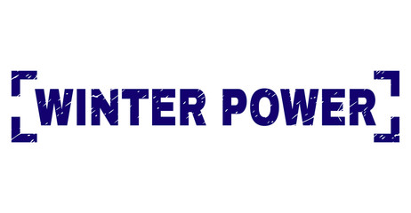 WINTER POWER text seal print with corroded effect. Text tag is placed between corners. Blue vector rubber print of WINTER POWER with corroded texture.