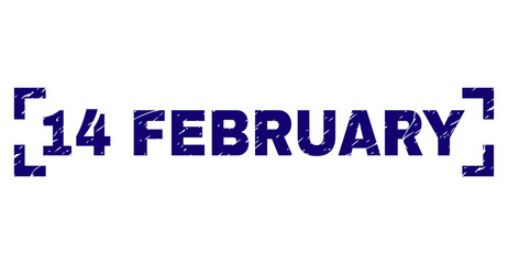 14 FEBRUARY text seal print with corroded effect. Text caption is placed inside corners. Blue vector rubber print of 14 FEBRUARY with dirty texture.