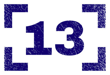 13 text seal print with distress texture. Text label is placed inside corners. Blue vector rubber print of 13 with dust texture.