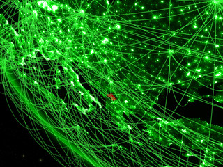 Obraz premium Kosovo on green planet Earth from space with network. Concept of international communication, technology and travel.
