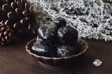 Obsidian and Quartz Point with Dried Foliage and Pinecones