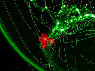 Ecuador on green planet Earth from space with network. Concept of international communication, technology and travel.