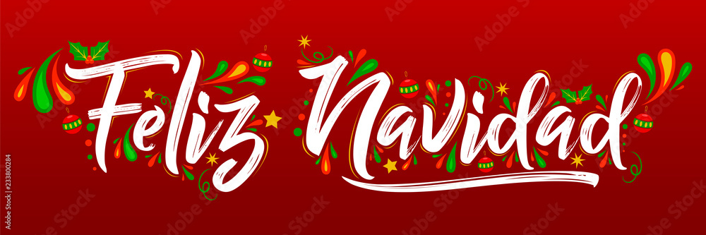 Wall mural feliz navidad, merry christmas spanish text holiday lettering vector illustration