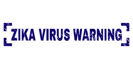 ZIKA VIRUS WARNING text seal print with distress texture. Text label is placed inside corners. Blue vector rubber print of ZIKA VIRUS WARNING with grunge texture.