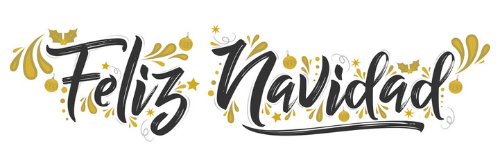 Feliz Navidad, Merry Christmas spanish text holiday lettering vector illustration