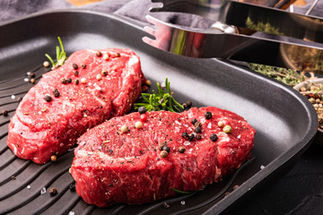 Two beef steaks seasoned in a pan