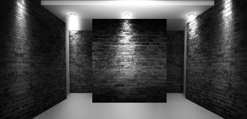 A narrow empty corridor, an old brick wall, smoke, neon lights and lamps. Night view. Background of an empty show scene. 3D rendering