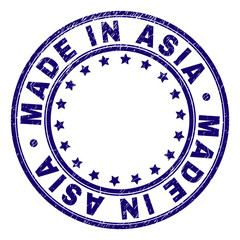 MADE IN ASIA stamp seal imprint with grunge style. Designed with round shapes and stars. Blue vector rubber print of MADE IN ASIA caption with grunge texture.