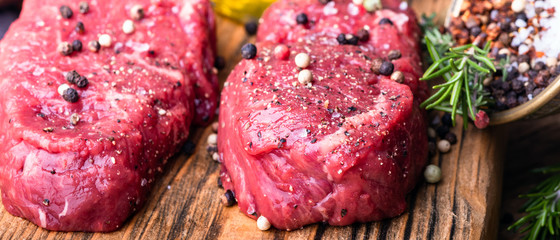 Hip beef steaks with seasonings.Close-up