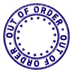 OUT OF ORDER stamp seal imprint with grunge texture. Designed with round shapes and stars. Blue vector rubber print of OUT OF ORDER tag with scratched texture.