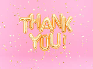 Thank You text gold foil balloons on pink background, 3d rendering