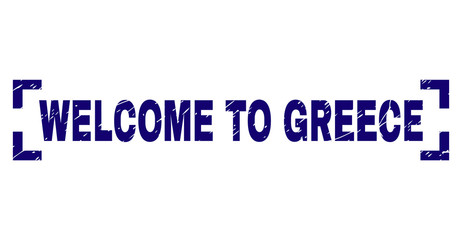 WELCOME TO GREECE tag seal watermark with grunge texture. Text tag is placed between corners. Blue vector rubber print of WELCOME TO GREECE with retro texture.