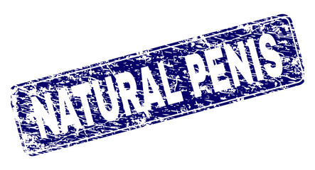 NATURAL PENIS stamp seal print with grunge texture. Seal shape is a rounded rectangle with frame. Blue vector rubber print of NATURAL PENIS label with dirty texture. © Evgeny