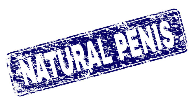 NATURAL PENIS stamp seal print with grunge texture. Seal shape is a rounded rectangle with frame. Blue vector rubber print of NATURAL PENIS label with dirty texture.
