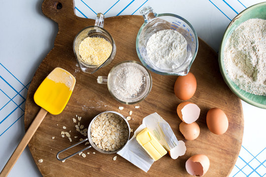 Overhead view of ingredients for whole grain pancakes
