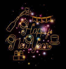 happy new year lettering with lights and icons