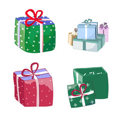 Green and red gift open box with a bow icon, special present idea. Flat design vector illustration. Celebration event, surprising gift. Shopping box,