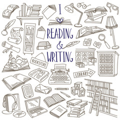 Reading and writing doodle set. Books, magazines, newspapers, letters, piles of books, library catalog, bookshelf, typewriter. Hand drawn vector illustration isolated on white background 
