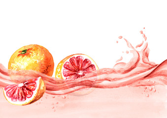 Fresh grapefruits on a wave of juice, watercolor hand drawn illustration