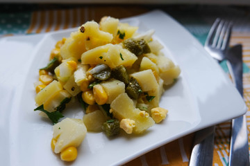 Salad with cucumbers potatoes sweet corn