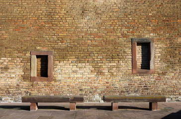 brick wall , sandstone bench - Ponts Couverts , Strasbourg
