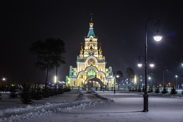 Church of the Holy Martyr Tatiana illuminated at night in winter
