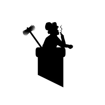 Male silhouette with tools chimney sweep in pipe, got to work and got smoking. Vector illustration for designers