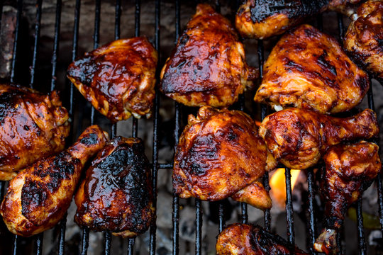 Close up of barbecue chicken on barbecue grill