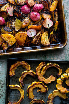 Close up of roasted vegetable on baking tray