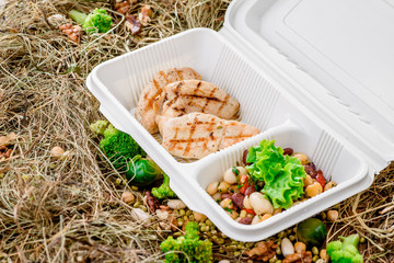 Healthy food delivery. Take away for diet. Fitness nutrition, vegetables, meat and fruits in eco boxes. at wood and straw with copy space. series of photos