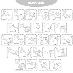 Coloring page. English alphabet with pictures and titles for children education