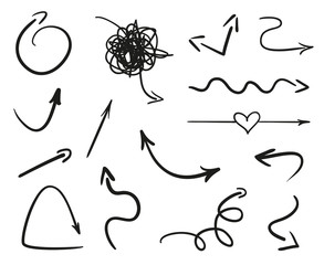 Hand drawn infographic elements on white. Black arrows. Line art. Set of different signs