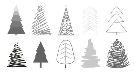 Christmas trees on white. Set for icons on isolated background. Geometric art. Objects for polygraphy, posters, t-shirts and textiles. Black and white illustration