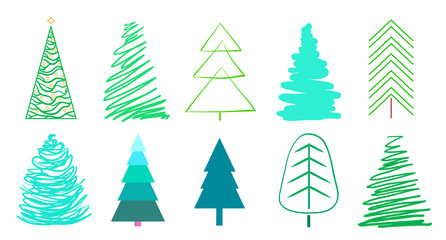 Obraz premium Colored christmas trees on white. Set for design on isolated background. Geometric art. Universal colorful collection