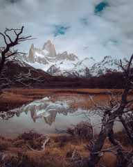 reflection of a mountain in patagonia - obrazy, fototapety, plakaty