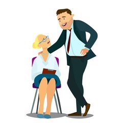 Sexual harassment at work. Man touching secretary's knee.