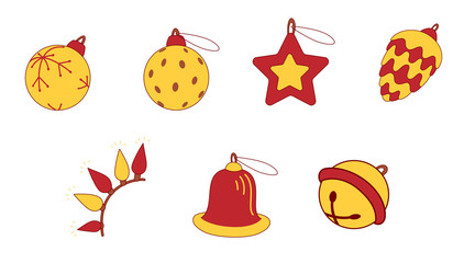 set of christmas decoration icons red and yellow colors