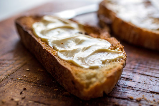 Close up of cheese spread on toasted bread