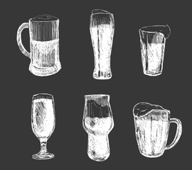 Poster beer with four main types lettering classic, light, white, dark, red drawing with chalk in vintage style on chalkboard.