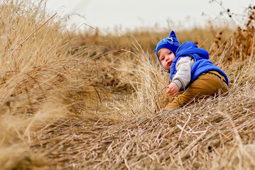 A small child crawls across the field in the fall.